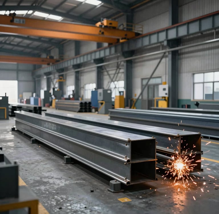 A wide shot of a modern industrial metal fabrication shop floor, overhead cranes, steel beams stacked, clean organized workspace, bright high-contrast lighting