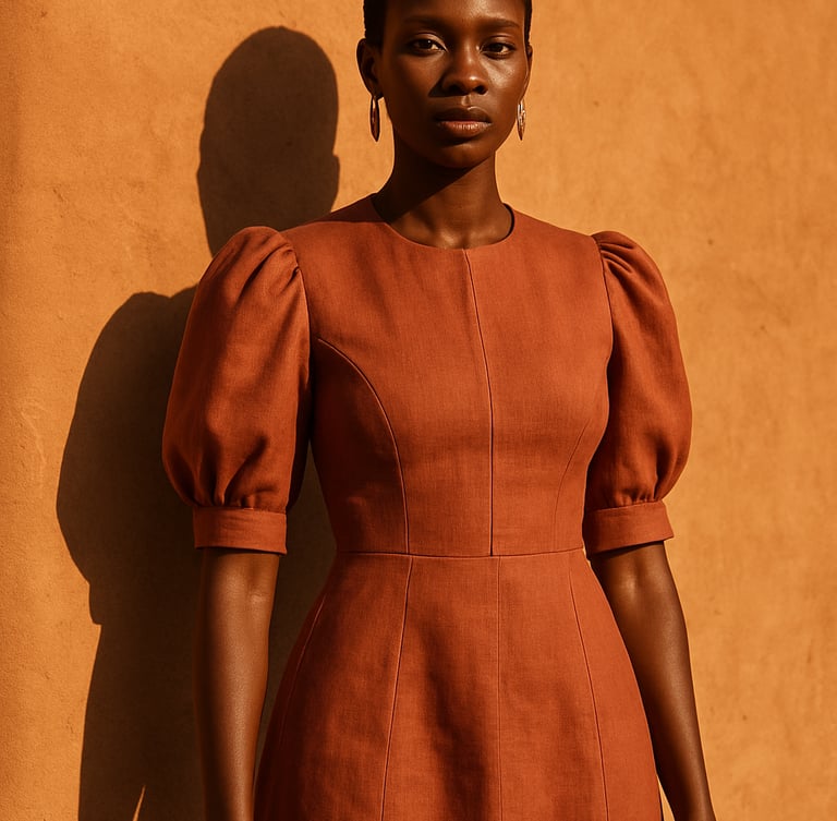 Medium editorial shot of an elegant West African woman wearing a structured terracotta linen dress, standing against a sun-drenched minimalist clay wall in Niamey, warm golden-hour sunlight, high-contrast natural shadows, sharp focus.