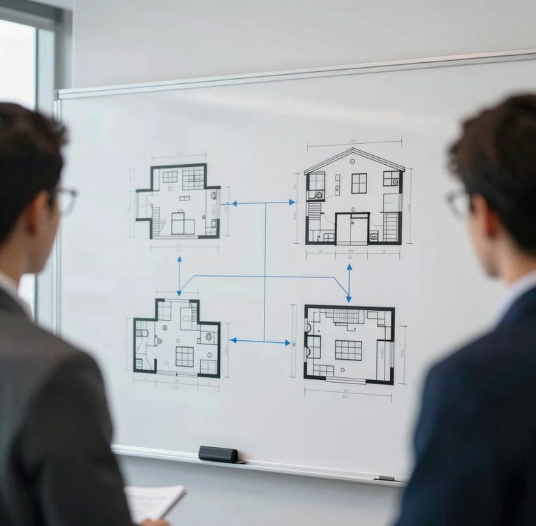 Crisp corporate photography, cool daylight, a collaborative technical whiteboarding session with architectural system diagrams, 35mm, sharp focus