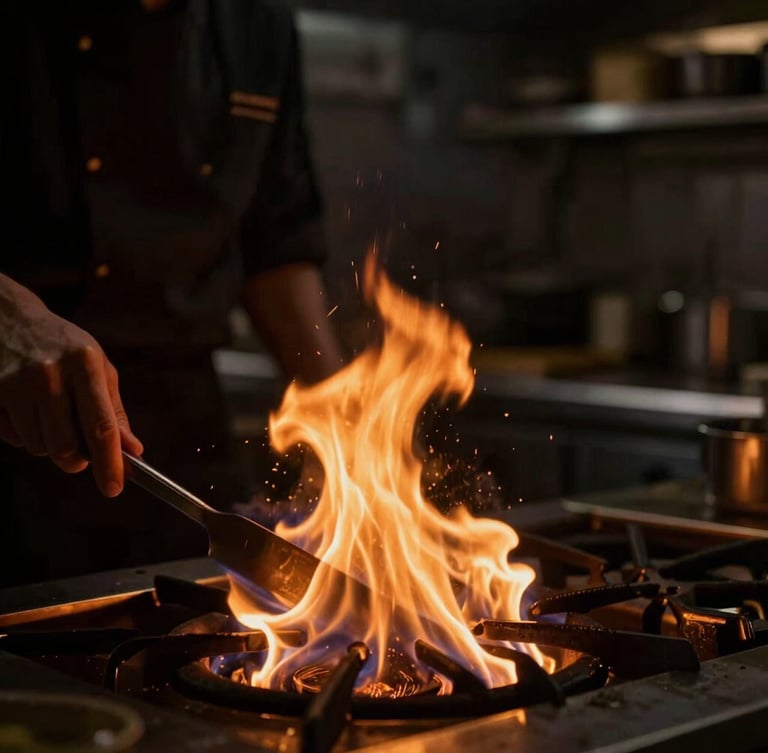 Moody close-up of a chef working with open flames in a dark high-end kitchen, glowing amber embers, dramatic side lighting, shallow depth of field