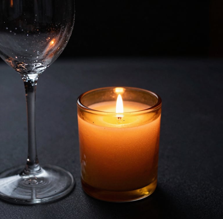 Close-up macro shot of a glowing amber candle on a dark charcoal table, soft condensation on a crystal wine glass, low-key dramatic lighting, shallow depth of field, 35mm
