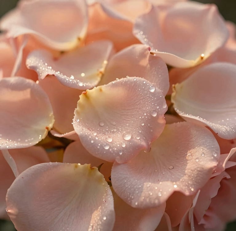 Close-up of fresh Rosa Damascena petals covered in morning dew, soft golden hour light, warm editorial style, shallow depth of field, 35mm