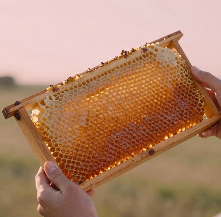 A warm wooden beehive frame held gently by hands, amber-colored honeycombs glowing in the soft sun, warm editorial photography, 35mm