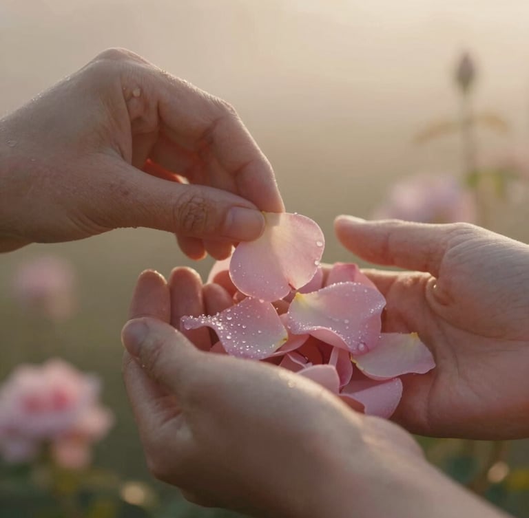 Close-up of hands gently picking dew-covered Rosa Damascena petals at dawn, soft morning mist, warm golden-hour light, shallow depth of field, 35mm photography