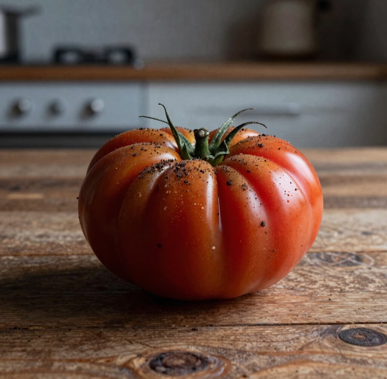 Macro shot of soil-dusted heirloom tomatoes on a rustic wooden table, natural low-key side lighting casting deep shadows, Scandi-style minimalist kitchen background.