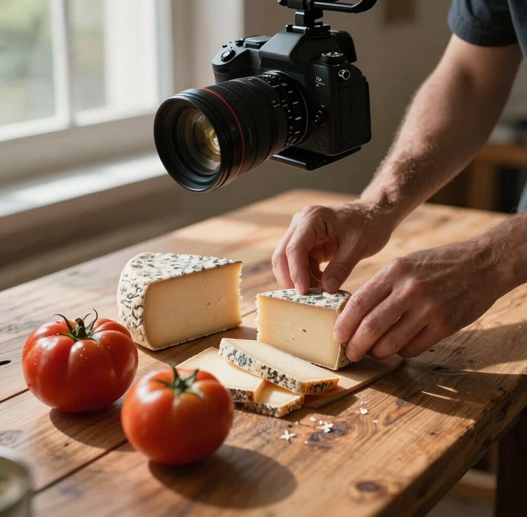 A close-up shot of a camera rig positioned over a rustic wooden table, capturing hands arranging artisanal cheeses and heirloom tomatoes, natural window light with deep shadows.