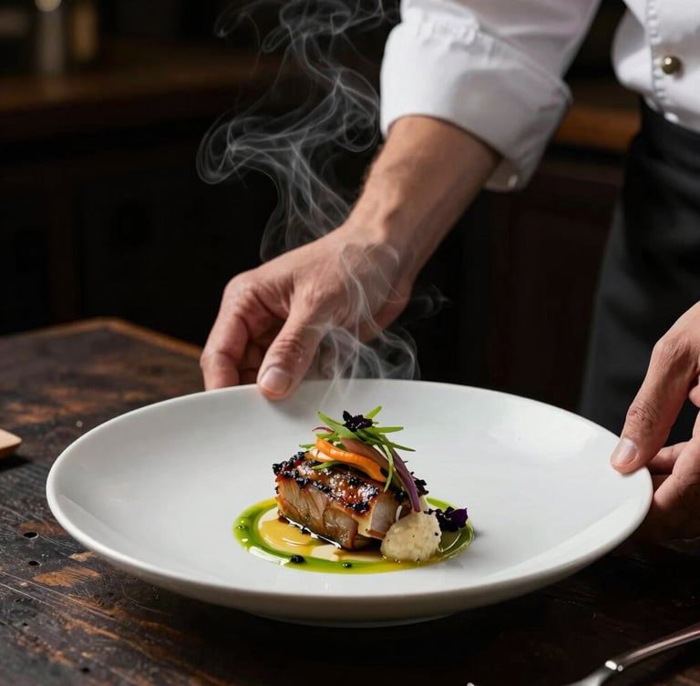 Close-up of a chef's hands plating an artisanal dish under low-key natural light, steam rising from the plate, dark rustic background.