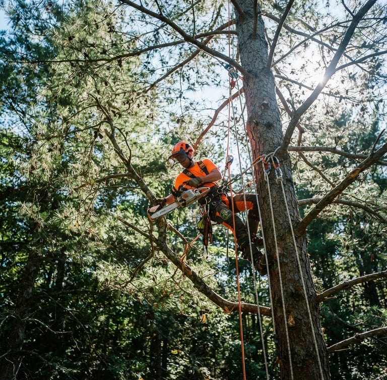 Low-angle dramatic shot of a certified arborist in safety orange gear high in a pine canopy, rigging ropes and pulleys visible under crisp morning sunlight, 35mm