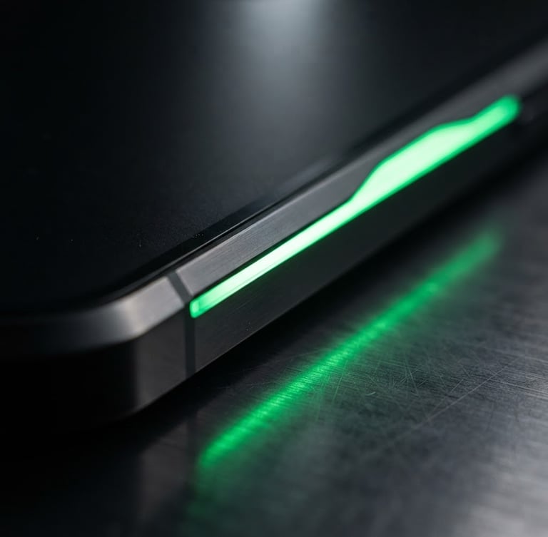 Sleek tech photography, close-up of a modern mobile hardware edge with an electric green neon glow reflecting off a dark metallic surface, macro depth of field, 35mm