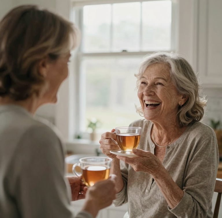 A senior woman laughing while sharing a cup of tea with a warm companion in a sunlit Rhode Island kitchen, soft natural light, shallow depth of field, 35mm