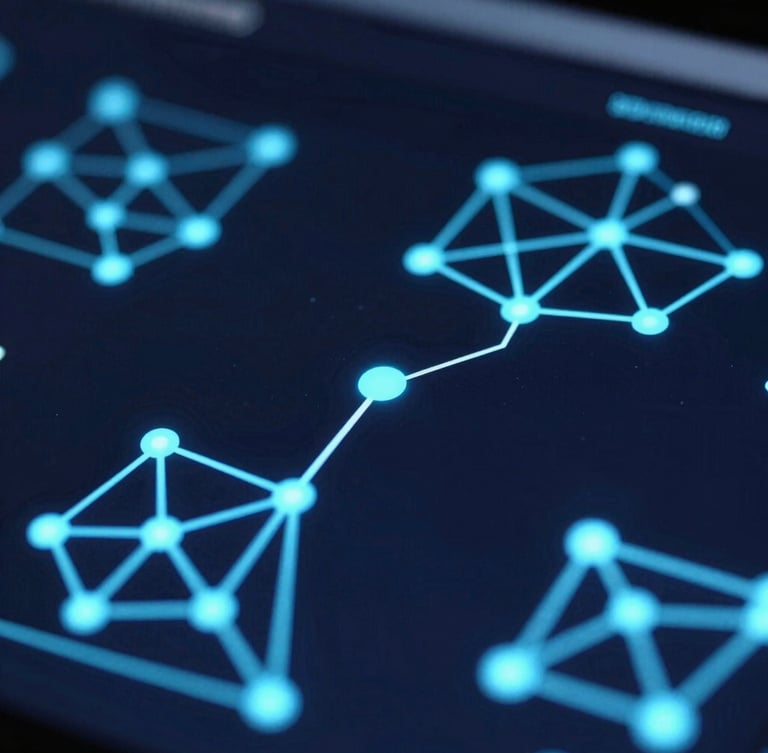 Close-up of structured network architecture diagrams on a dark high-contrast screen, glowing cyan connections, sharp 35mm focus
