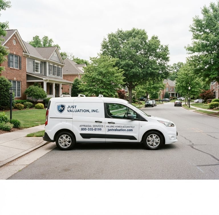 Wide shot of a clean, branded JUST VALUATION, INC. appraisal vehicle parked on a suburban street, bright overcast daylight, professional and sharp corporate photography, 35mm