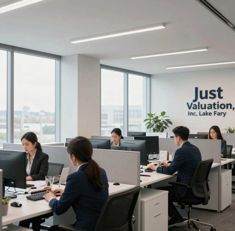 Interior shot of a modern, well-lit corporate office at Just Valuation, Inc.'s Lake Mary hub, with clean architectural lines, professional staff working at desks, bright overcast daylight through large large windows, sharp corporate photography, 35mm.