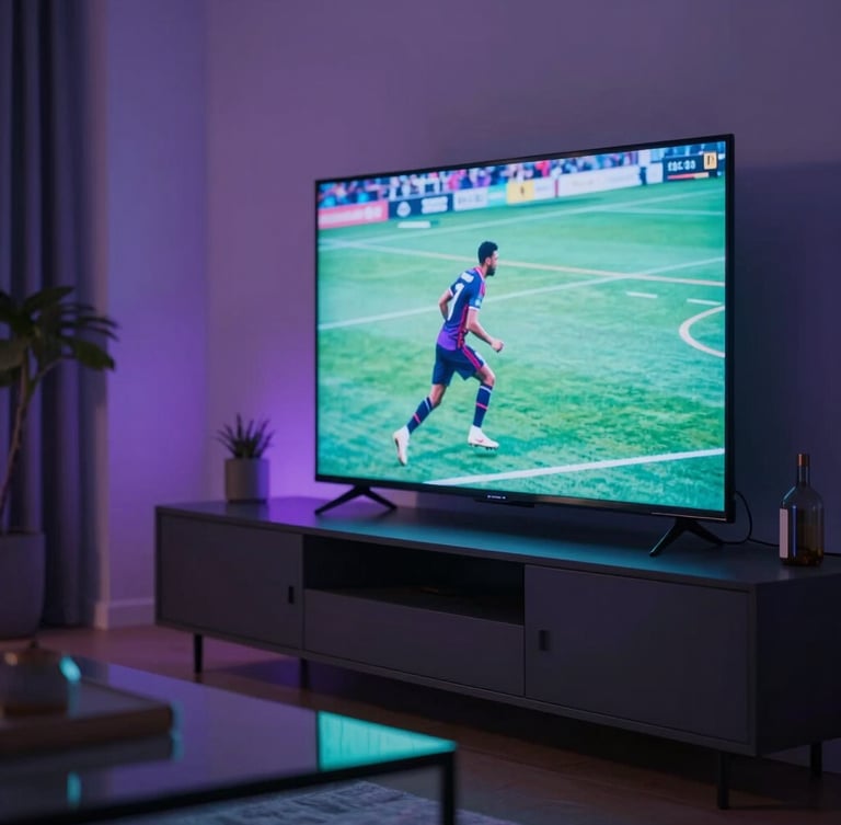 Cinematic close-up of a modern Berlin apartment living room at night, glowing OLED television screen displaying high-speed football action, soft violet and cyan ambient light reflecting off dark minimalist furniture, shallow depth of field.