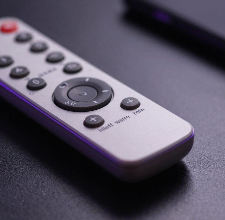 Extreme close-up macro shot of a premium minimalist remote control resting on a dark matte table, illuminated by a faint neon-violet edge light in a dark room.
