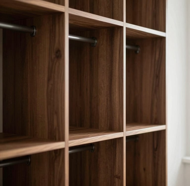 Straight-on architectural detail of a walnut-toned modular wardrobe system, soft directional morning light, clean lines, shallow depth of field, 35mm