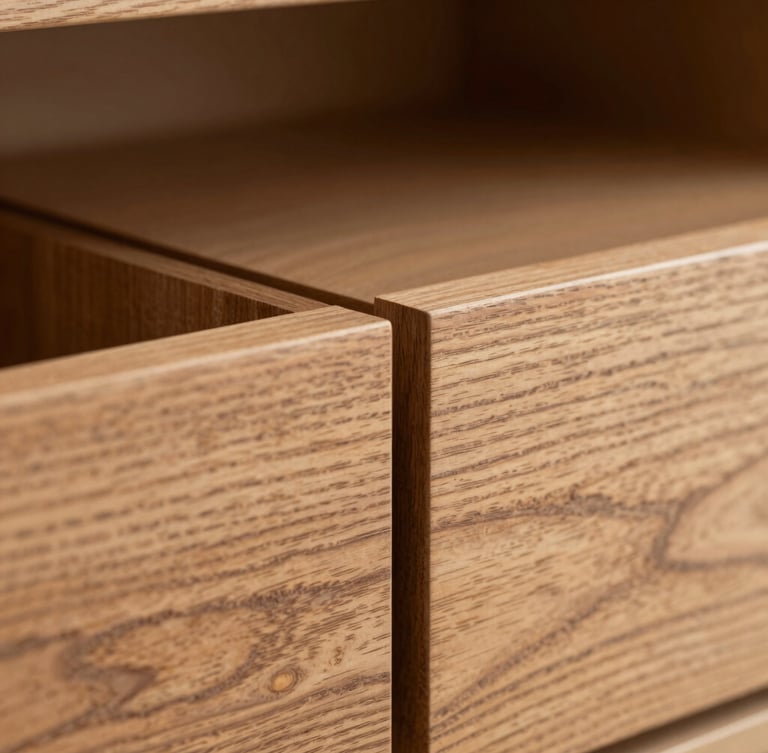 Macro close-up of perfectly aligned walnut wood grain running across two adjacent drawer fronts, flawless zero-tolerance joinery, soft directional side-lighting