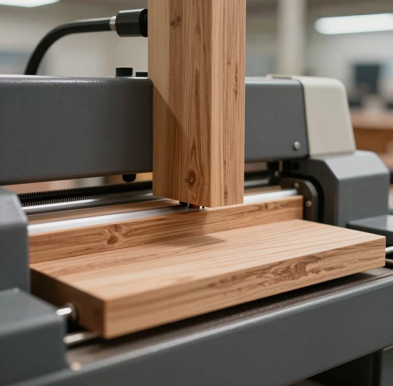 Close-up of a high-tech wood cutting machine in a clean, modern manufacturing facility, soft side-lighting, wood textures visible, 35mm