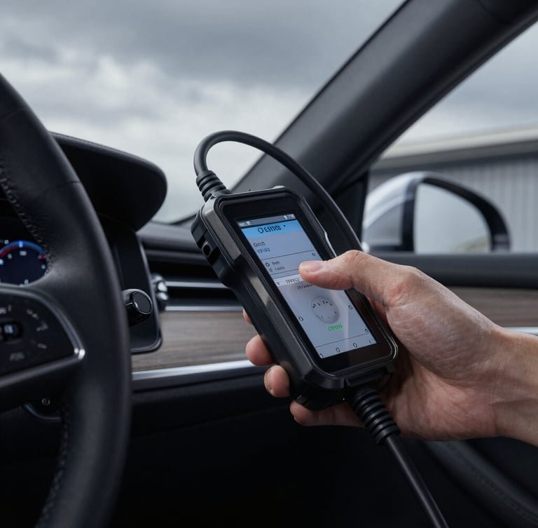 Close-up of a professional OBD2 diagnostic scanner connected to a modern luxury vehicle steering column, sharp focus, cool metallic tones, dramatic overcast daylight, 50mm
