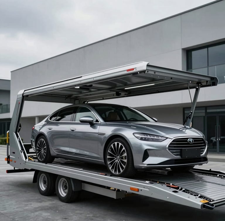 Sleek modern enclosed car transport trailer loading a polished premium sedan, architectural minimalist background, cool metallic tones, overcast daylight, 50mm