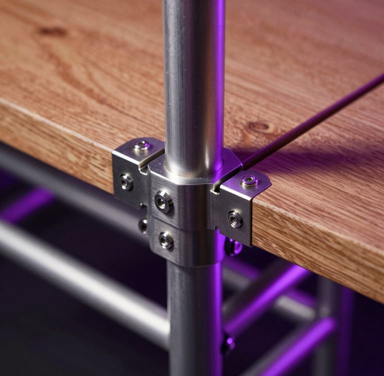 Close-up macro shot of premium textured wood and brushed steel joints on a custom-built stage structure, sharp violet neon light casting dramatic shadows.