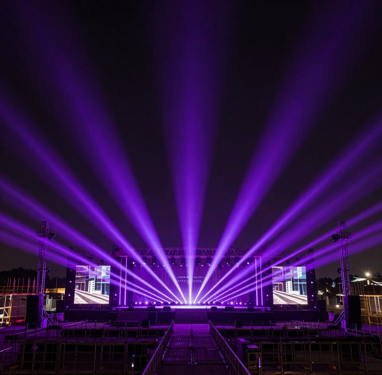 Extreme wide-angle shot of a massive corporate stage under construction, glowing with sharp purple laser beams and violet spotlights cutting through deep shadows, industrial metal scaffolding visible, cinematic composition.