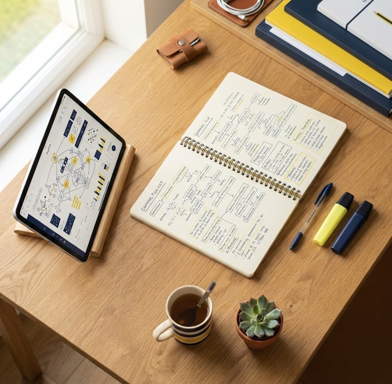 Overhead flatlay of an organized wooden desk in bright morning light. A notebook with structured handwritten grammar flowcharts, a blue pen, highlighters, and a tablet showing a clean analysis diagram. Sharp focus, clean editorial photography, 35mm.