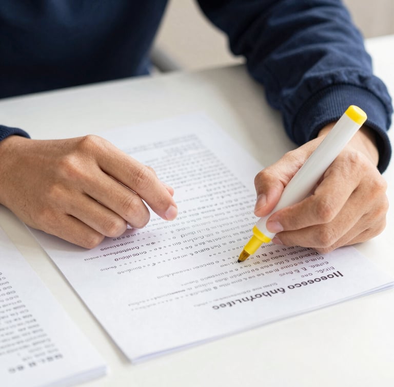 Close-up of a student's hands highlighting key terms on an exam paper with a yellow marker, clean organized desk, bright natural daylight, 35mm