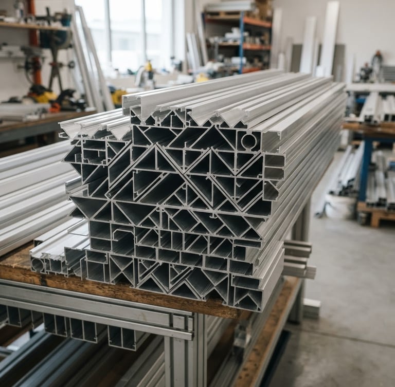 Bright workshop photo of silver aluminum extrusions stacked neatly, clean miter cuts, natural daylight, sharp focus, 35mm lens