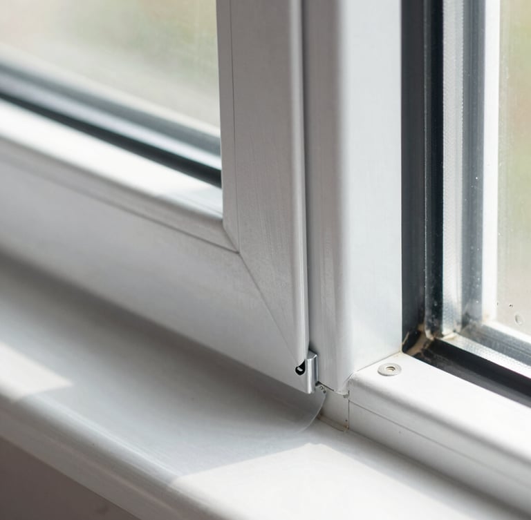 Macro close-up of a perfectly sealed aluminum window corner joint, clean caulking, bright natural daylight, showing high structural quality