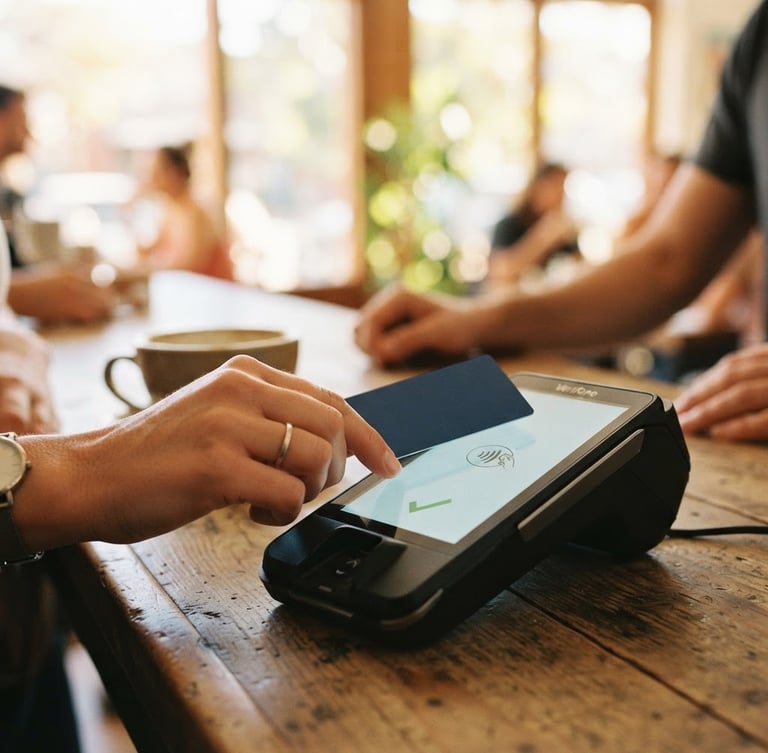Close-up of hands tapping a contactless card on a modern terminal in a sunlit local cafe, warm natural daylight, shallow depth of field