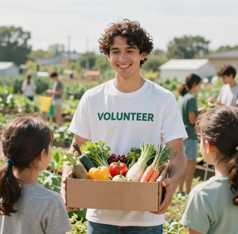 A documentary-style portrait of a volunteer handing a box of fresh produce to a family at a community garden, bright natural daylight, optimistic and clean tones, shallow depth of field, 35mm film look.