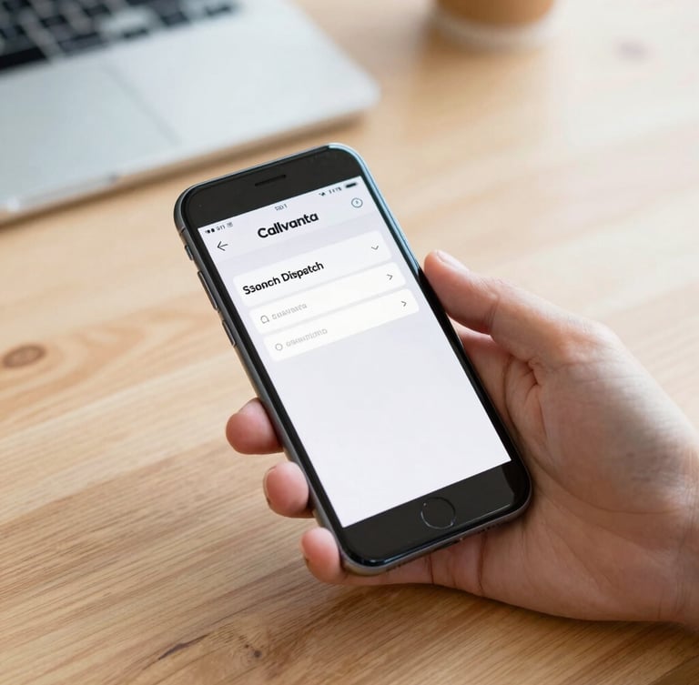 Close-up of hands holding a smartphone on a wooden workbench, displaying a Callvanta dispatch notification with bright daylight, crisp details, 35mm lens
