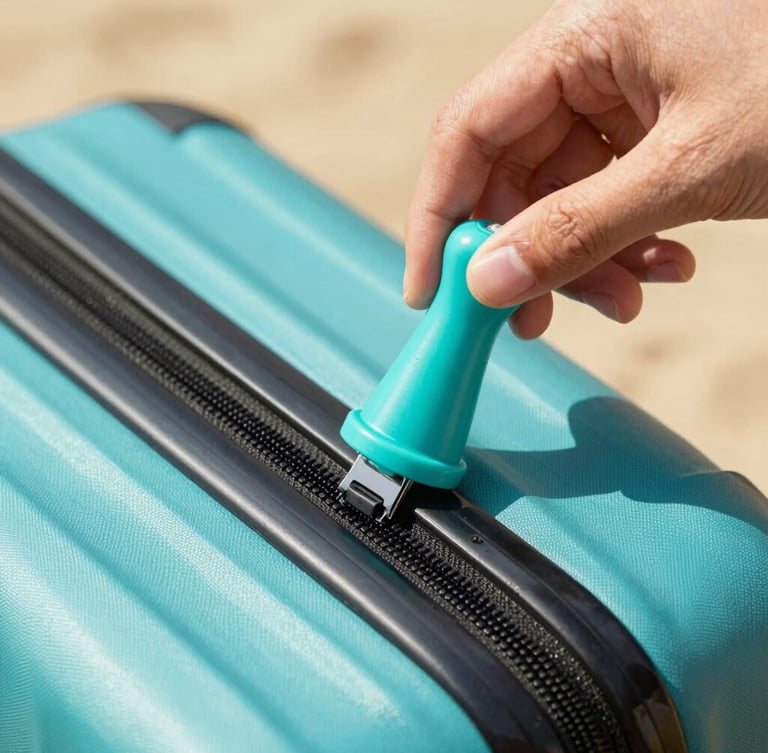 Close-up of hands applying a bright turquoise tamper-proof security seal onto a sleek suitcase zipper, warm sunlight, shallow depth of field, 35mm