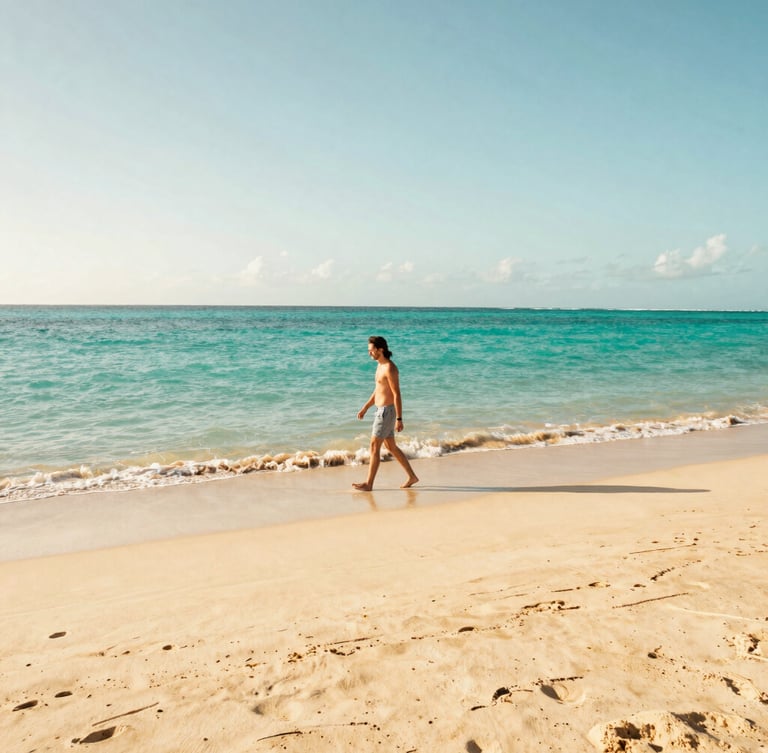 Wide-angle editorial shot of a sunny tropical beach, a traveler walking freely near turquoise water, warm golden-hour light, 35mm