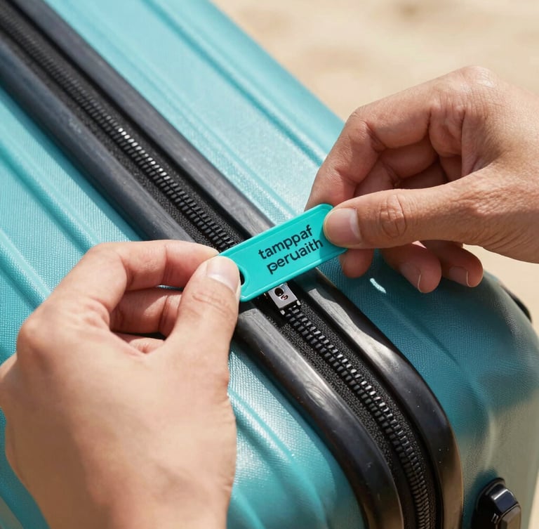 Close-up of hands attaching a bright turquoise tamper-proof security seal to a sleek suitcase zipper, warm sunlight
