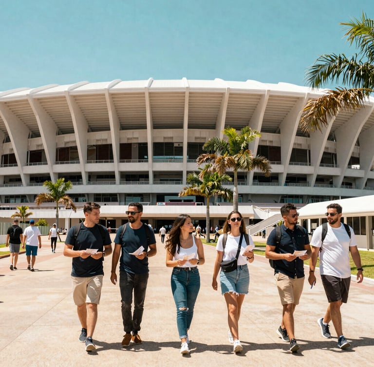 Wide-angle vibrant shot of travelers walking freely outside a massive modern sports stadium under bright tropical sunlight, holding tickets, no heavy bags.