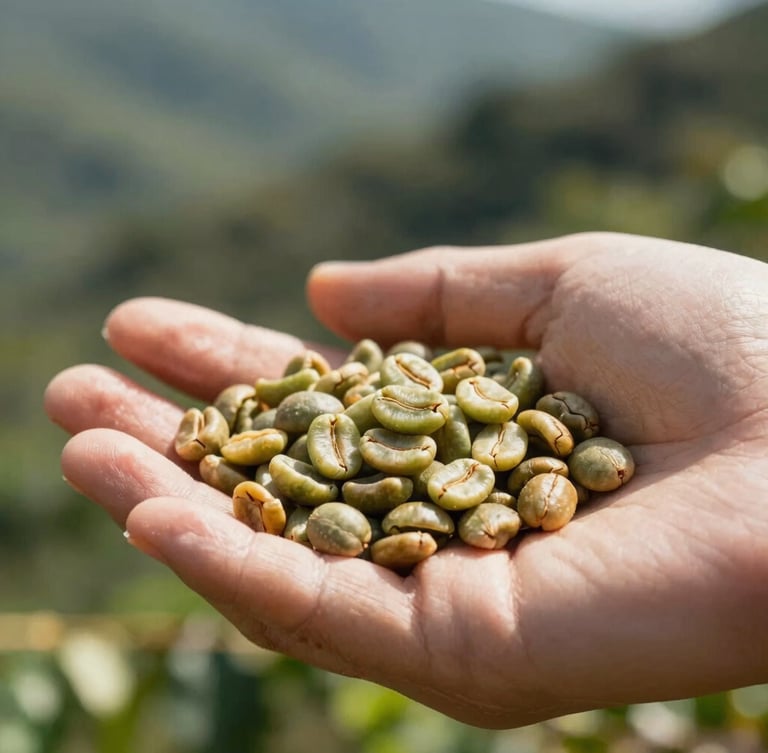 Macro detail of raw green coffee beans resting in hands, natural mountain sunlight, shallow depth of field