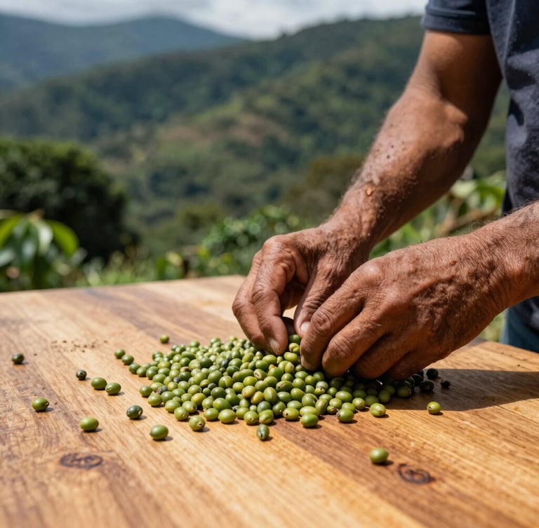 Hands of a Honduran farmer sorting green coffee beans on a wooden table, natural high-contrast sunlight, documentary-style, close-up.