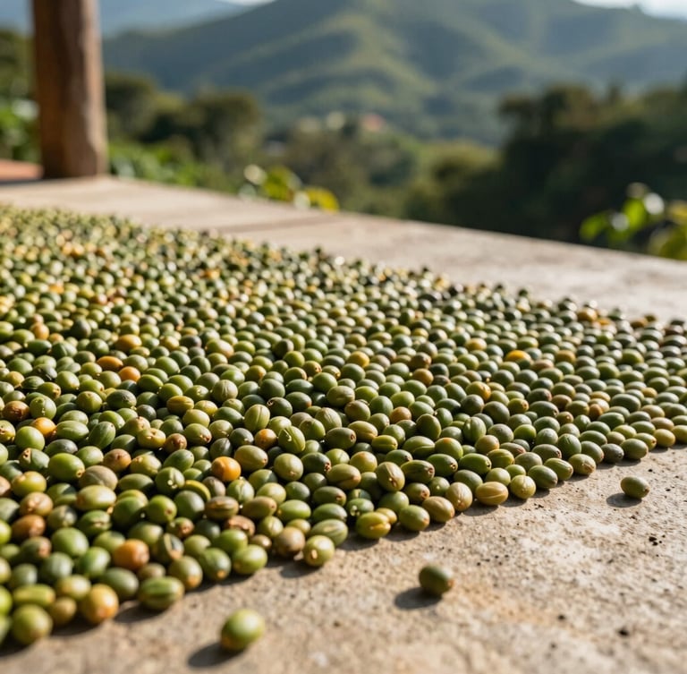 Close-up of sun-drenched green coffee beans drying on a concrete patio in Honduras, warm natural sunlight, shallow depth of field