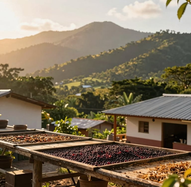 Wide shot of sun-drenched coffee drying patios in Copán, Honduras, with mountains in the background, warm golden hour light, shallow depth of field, 35mm.