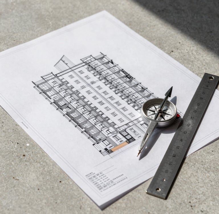 A crisp structural blueprint of a residential apartment building laid out on a concrete surface, sharp natural daylight, architectural compass and steel ruler resting on the paper.