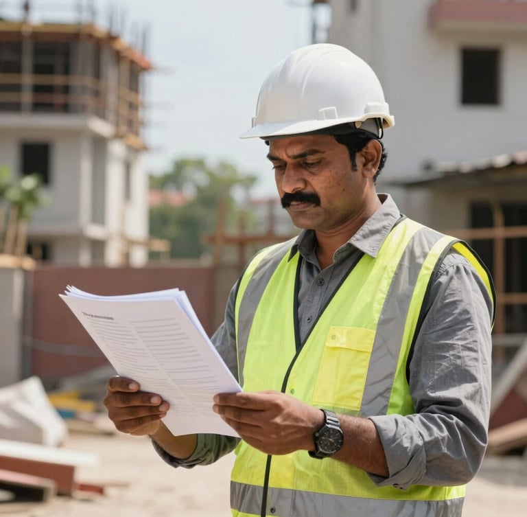 Expert Raja Ganesan in safety gear holding technical documents on a Chennai residential construction site, natural bright daylight