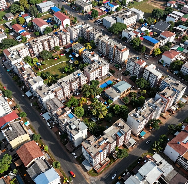 Aerial drone view of a structured residential layout in OMR Chennai, sharp layout boundaries, bright natural daylight, objective environmental framing.