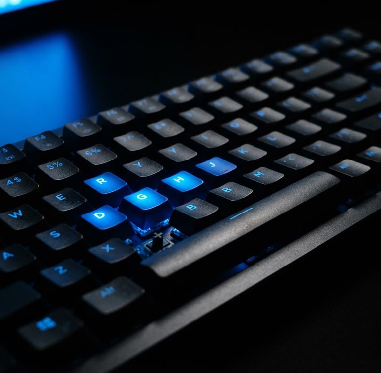 Macro shot of mechanical keyboard under dark ambient light with sharp blue screen-glare highlights, clean setup, 35mm