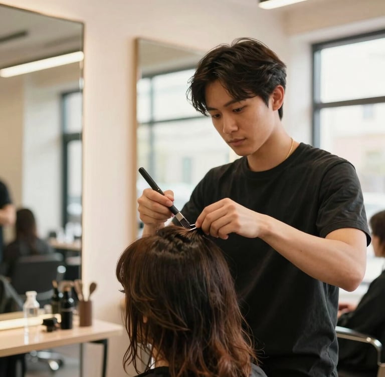 A close-up of a stylist confidently styling a client's hair in a warm, bright modern salon, natural window highlights, 35mm photography