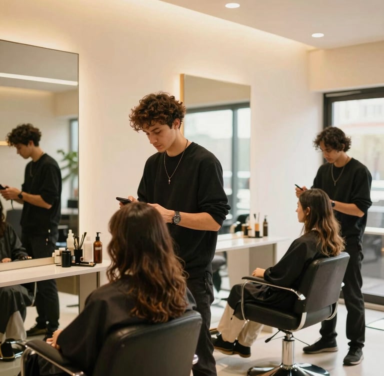 A warm, bright modern salon interior with stylists confidently at work, natural window highlights, 35mm photography