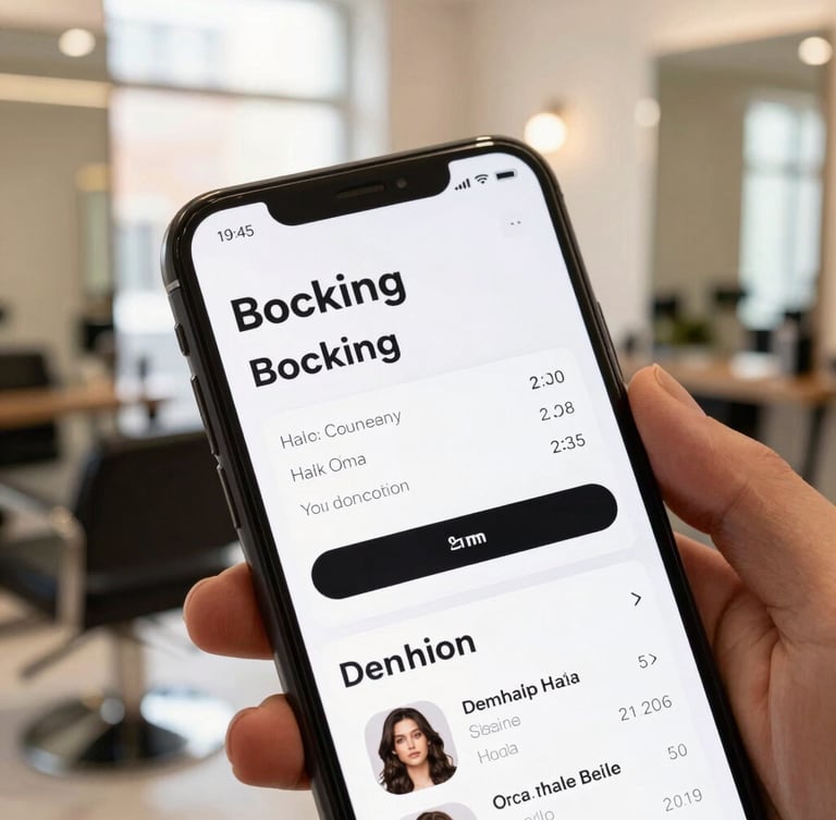 A close-up of a modern smartphone screen displaying a sleek booking confirmation page, held by a customer inside a bright, stylish hair salon with warm window light, 35mm photography.