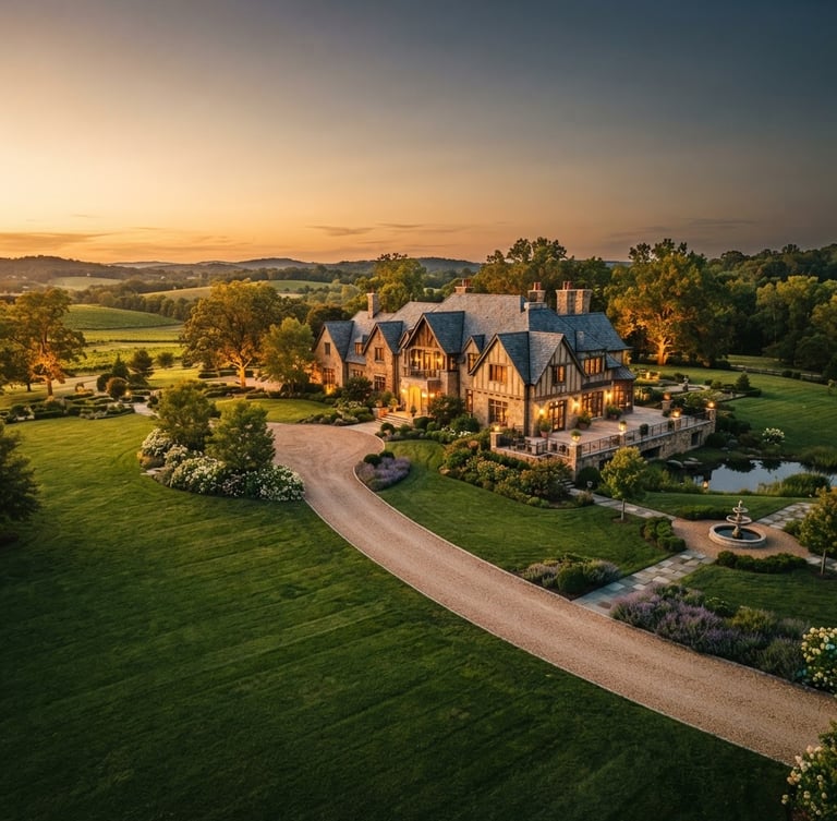 Wide panoramic view of Divine Farms estate grounds at golden hour, manicured lawns, elegant architectural facade, soft warm twilight, cinematic wide-angle, shallow depth of field, 35mm