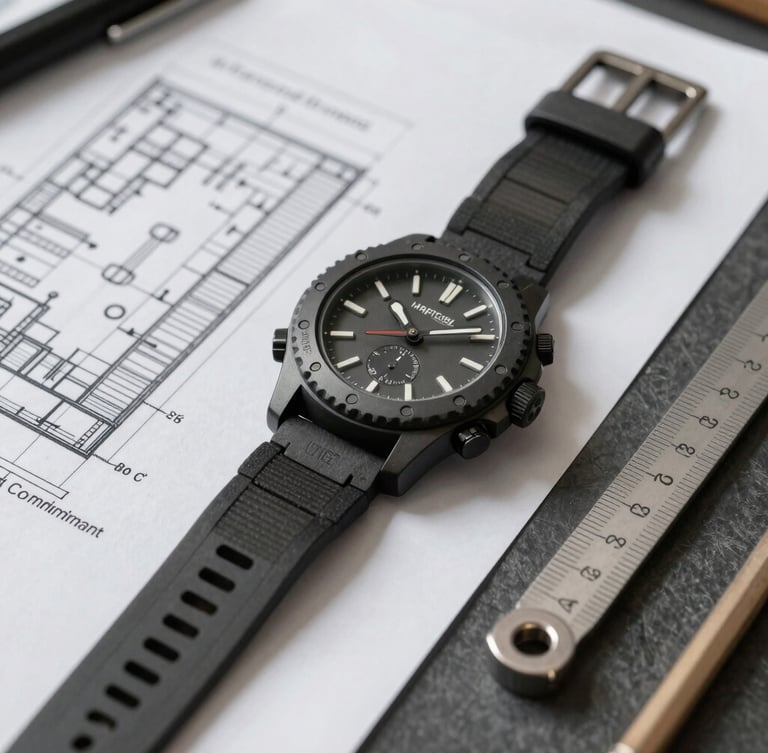 Tight macro shot of a commercial facility blueprint next to a rugged tactical watch and clean measuring tools on a slate desk, neutral bright lighting.